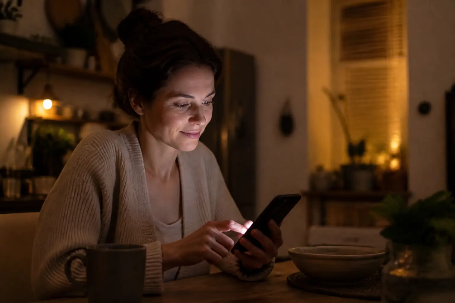 Klient szukający lokalnej firmy na telefonie wieczorem